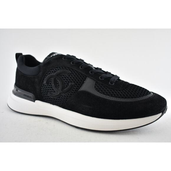 Chanel 22P Mens Black White Suede CC Logo Low Top Lace Up Trainer Sneaker 45 12 - Picture 3 of 12